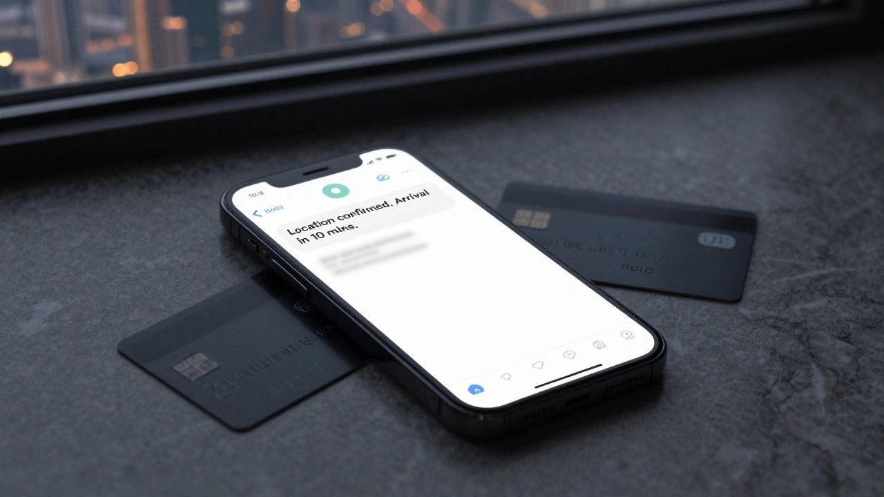 A smartphone screen showing encrypted messages beside a prepaid card and hotel keycard in a dark room.