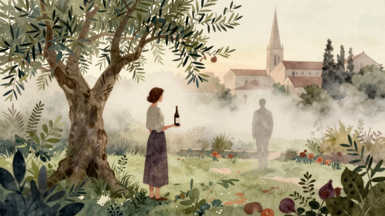 A woman stands alone in a dusk garden under an olive tree, holding a bottle of wine, as mist and distant spires fade around her.