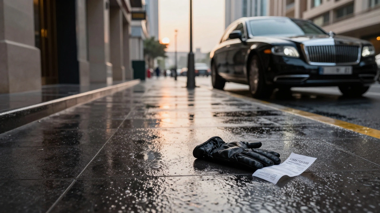 An empty alley at dawn with a discarded glove and taxi receipt, suggesting a silent, unseen departure.