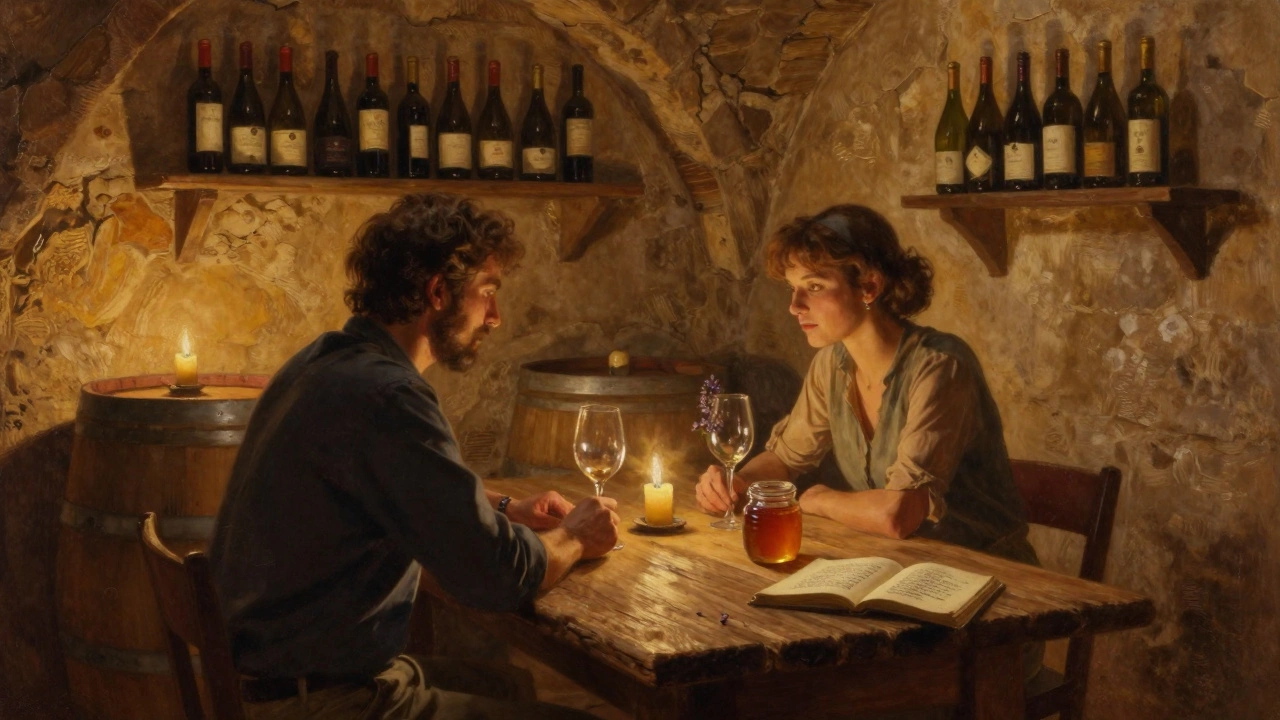 Two people share a quiet wine tasting in a stone cellar, lit by candlelight, with bottles and lavender honey on the table.